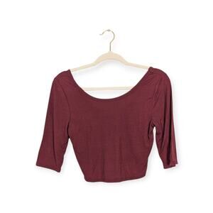 Project Social T Wine Red Ribbed Half Sleeve Crop Top Size L